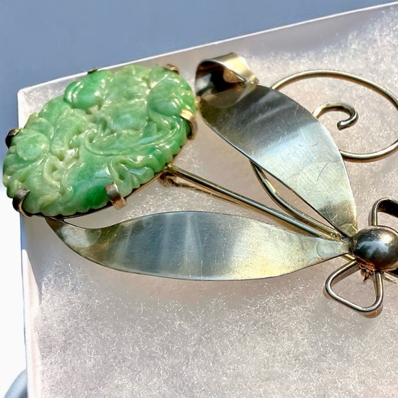 🌺RARE Vintage Sterling/Gold Jadeite Flower Brooch - Picture 12 of 16
